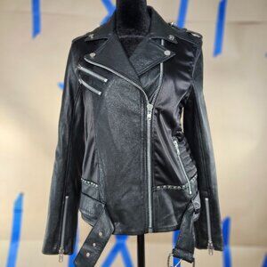 Religion Black Leather Biker Jacket - Skull Embroidery - Size - M/12/40